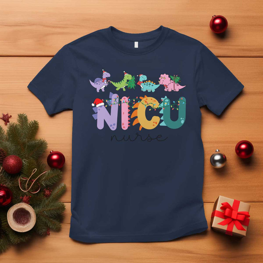 NICU Nurse Christmas T Shirt Xmas Light Neonatal Intensive Care Unit Nurse Appreciation Gift Dinosaur TS10 Navy Print Your Wear