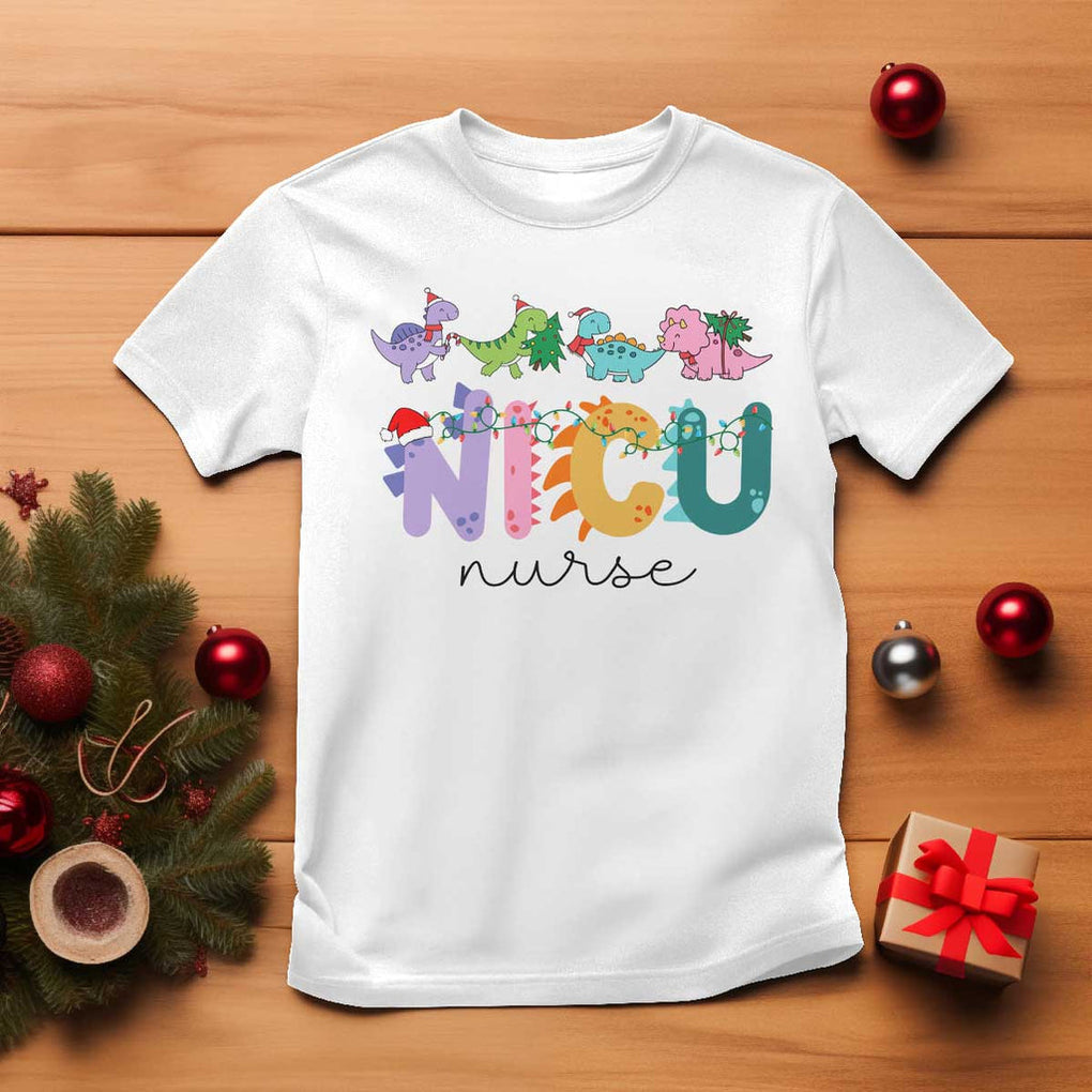 NICU Nurse Christmas T Shirt Xmas Light Neonatal Intensive Care Unit Nurse Appreciation Gift Dinosaur TS10 White Print Your Wear