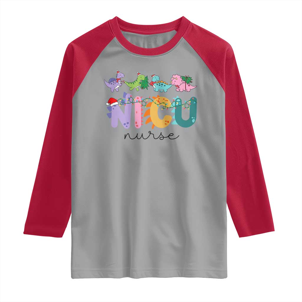 NICU Nurse Christmas Raglan Shirt Xmas Light Neonatal Intensive Care Unit Nurse Appreciation Gift Dinosaur TS10 Sport Gray Red Print Your Wear