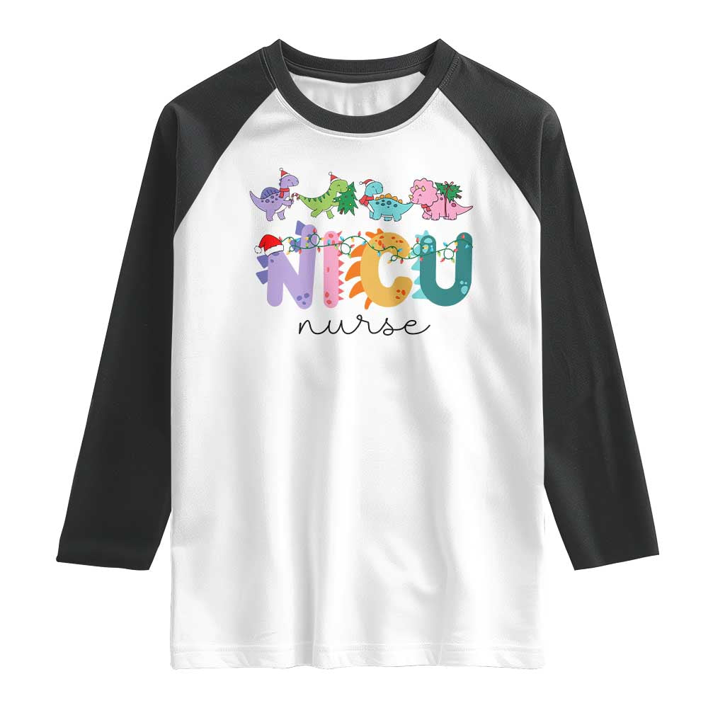 NICU Nurse Christmas Raglan Shirt Xmas Light Neonatal Intensive Care Unit Nurse Appreciation Gift Dinosaur TS10 White Black Print Your Wear