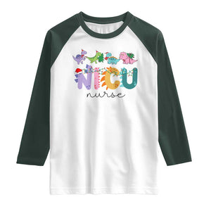 NICU Nurse Christmas Raglan Shirt Xmas Light Neonatal Intensive Care Unit Nurse Appreciation Gift Dinosaur TS10 White Dark Forest Green Print Your Wear
