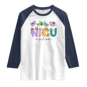 NICU Nurse Christmas Raglan Shirt Xmas Light Neonatal Intensive Care Unit Nurse Appreciation Gift Dinosaur TS10 White Navy Print Your Wear