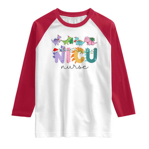 NICU Nurse Christmas Raglan Shirt Xmas Light Neonatal Intensive Care Unit Nurse Appreciation Gift Dinosaur TS10 White Red Print Your Wear