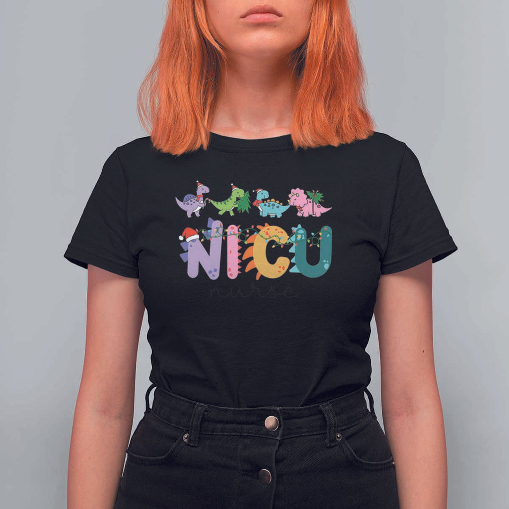 NICU Nurse Christmas T Shirt For Women Xmas Light Neonatal Intensive Care Unit Nurse Appreciation Gift Dinosaur TS10 Black Print Your Wear