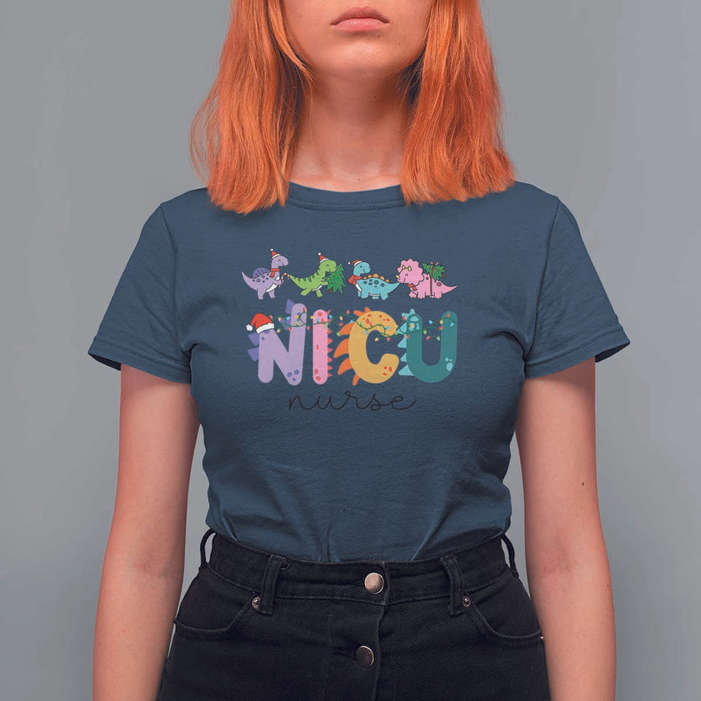 NICU Nurse Christmas T Shirt For Women Xmas Light Neonatal Intensive Care Unit Nurse Appreciation Gift Dinosaur TS10 Navy Print Your Wear