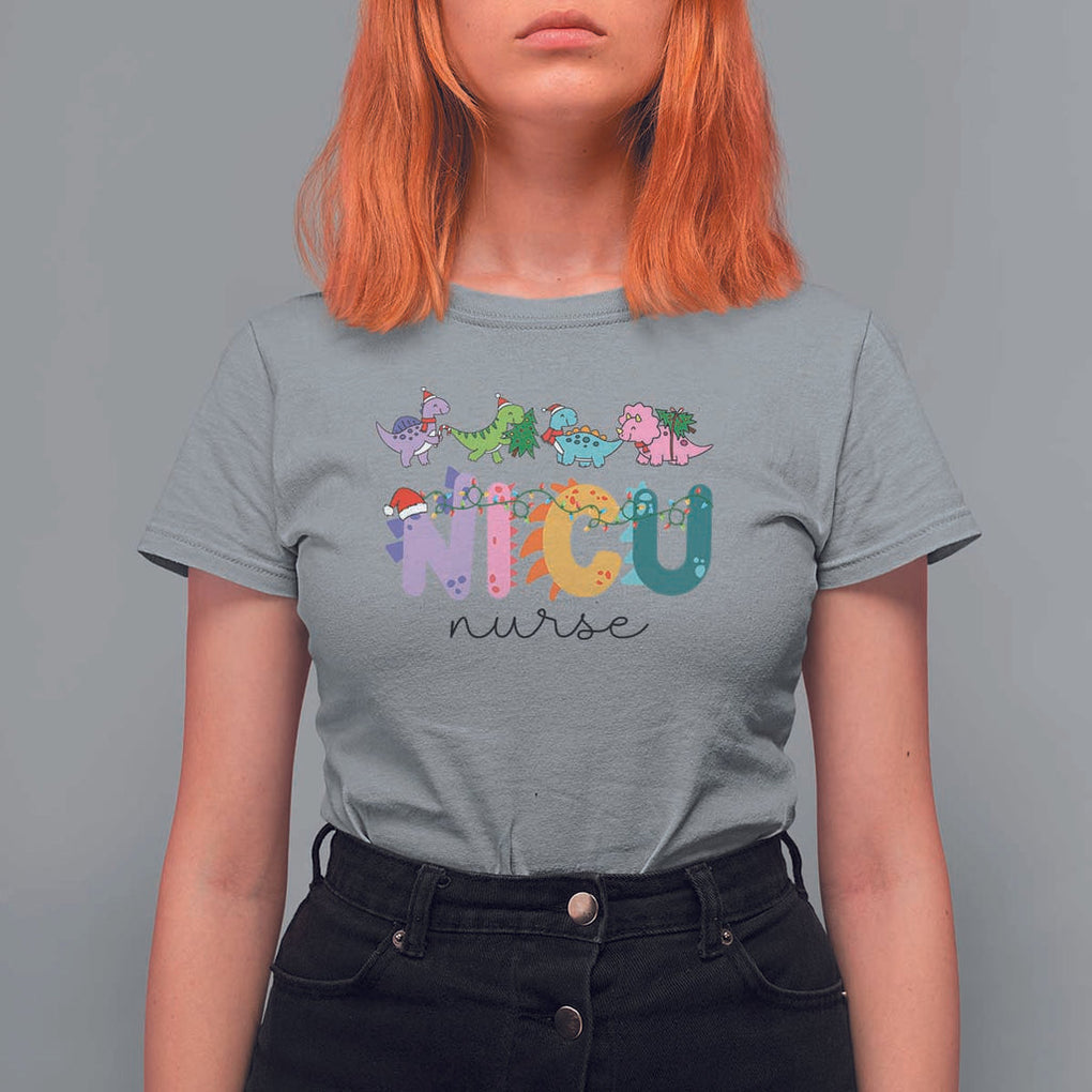 NICU Nurse Christmas T Shirt For Women Xmas Light Neonatal Intensive Care Unit Nurse Appreciation Gift Dinosaur TS10 Sport Gray Print Your Wear