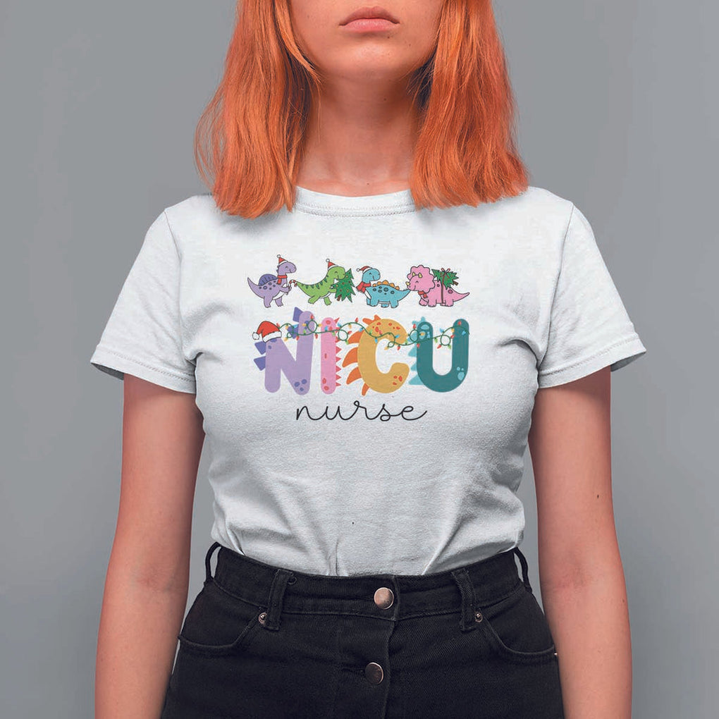 NICU Nurse Christmas T Shirt For Women Xmas Light Neonatal Intensive Care Unit Nurse Appreciation Gift Dinosaur TS10 White Print Your Wear
