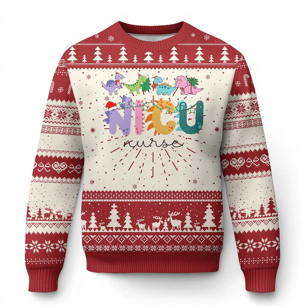 NICU Nurse Christmas Ugly Christmas Sweater Xmas Light Neonatal Intensive Care Unit Nurse Appreciation Gift Dinosaur TS10 Red Print Your Wear