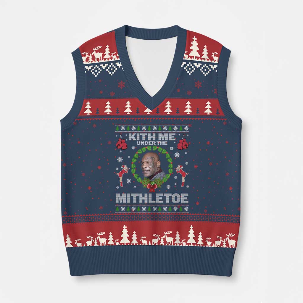 Funny Xmas V-Neck Knit Sweater Vest Kith Me Under The Mithletoe Tyson Ugly Xmas TS10 Navy Red Print Your Wear