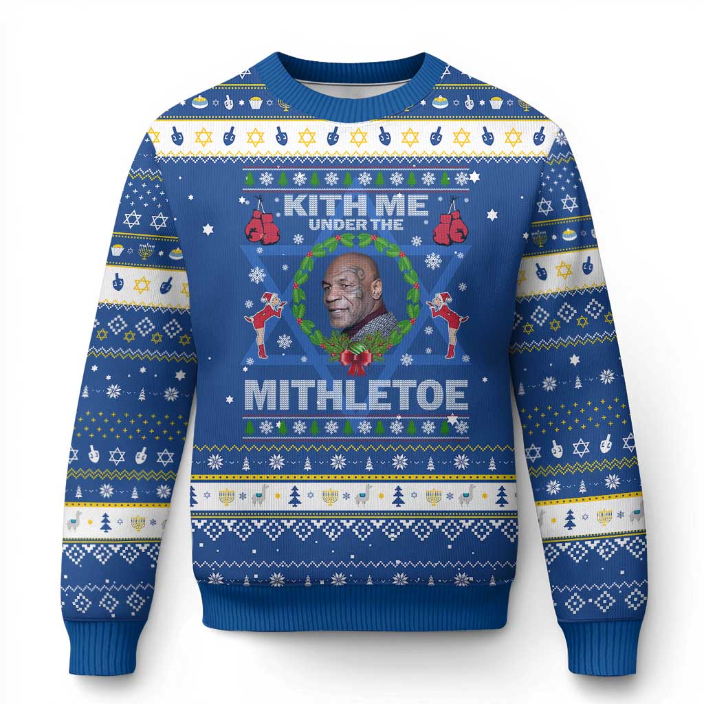 Funny Christmas Hanukkah Ugly Sweater Kith Me Under The Mithletoe Tyson Ugly Xmas TS10 Blue White Print Your Wear