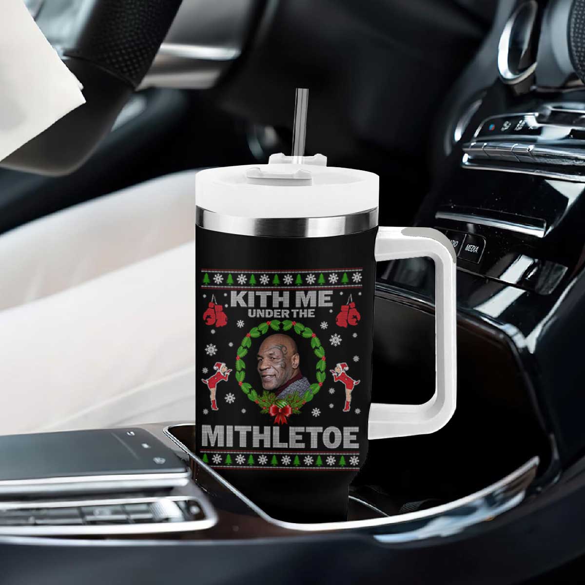 Funny Christmas Tumbler With Handle Kith Me Under The Mithletoe Tyson Ugly Xmas TS10 Print Your Wear