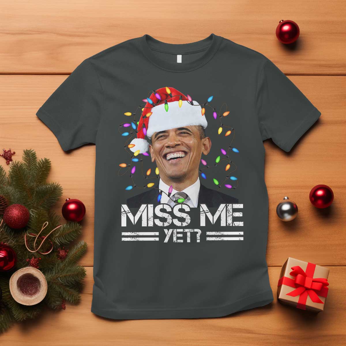 Funny Christmas Obama T Shirt Funny Santa Xmas Light TS10 Dark Heather Print Your Wear