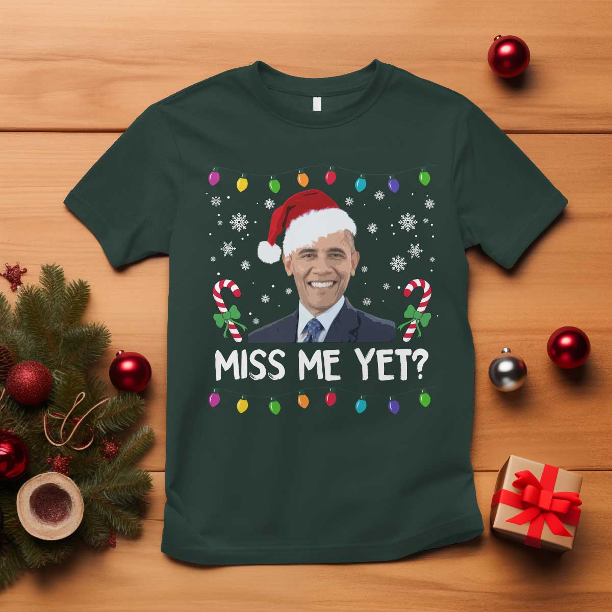Funny Obama Ugly Xmas T Shirt Funny Santa Xmas Light TS10 Dark Forest Green Print Your Wear