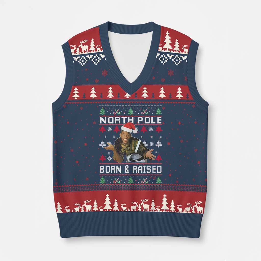 Funny Ugly Xmas V-Neck Knit Sweater Vest Fresh North Pole Born and Raised Prince TS10 Navy Red Print Your Wear