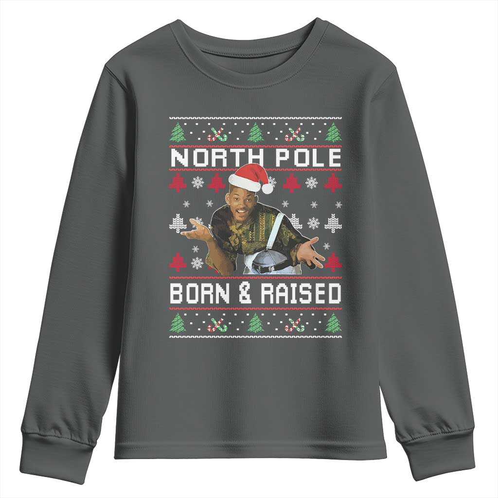 Funny Ugly Christmas Youth Sweatshirt Fresh North Pole Born and Raised Prince TS10 Dark Heather Print Your Wear