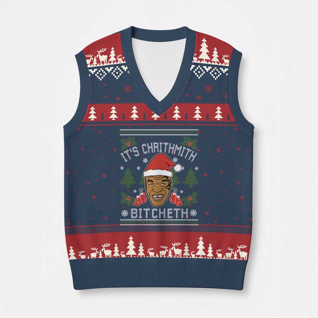 Funny Xmas V-Neck Knit Sweater Vest Merry Chrithmith Ath Thweater Tyson Professional Boxer Ugly Xmas TS10 Navy Red Print Your Wear