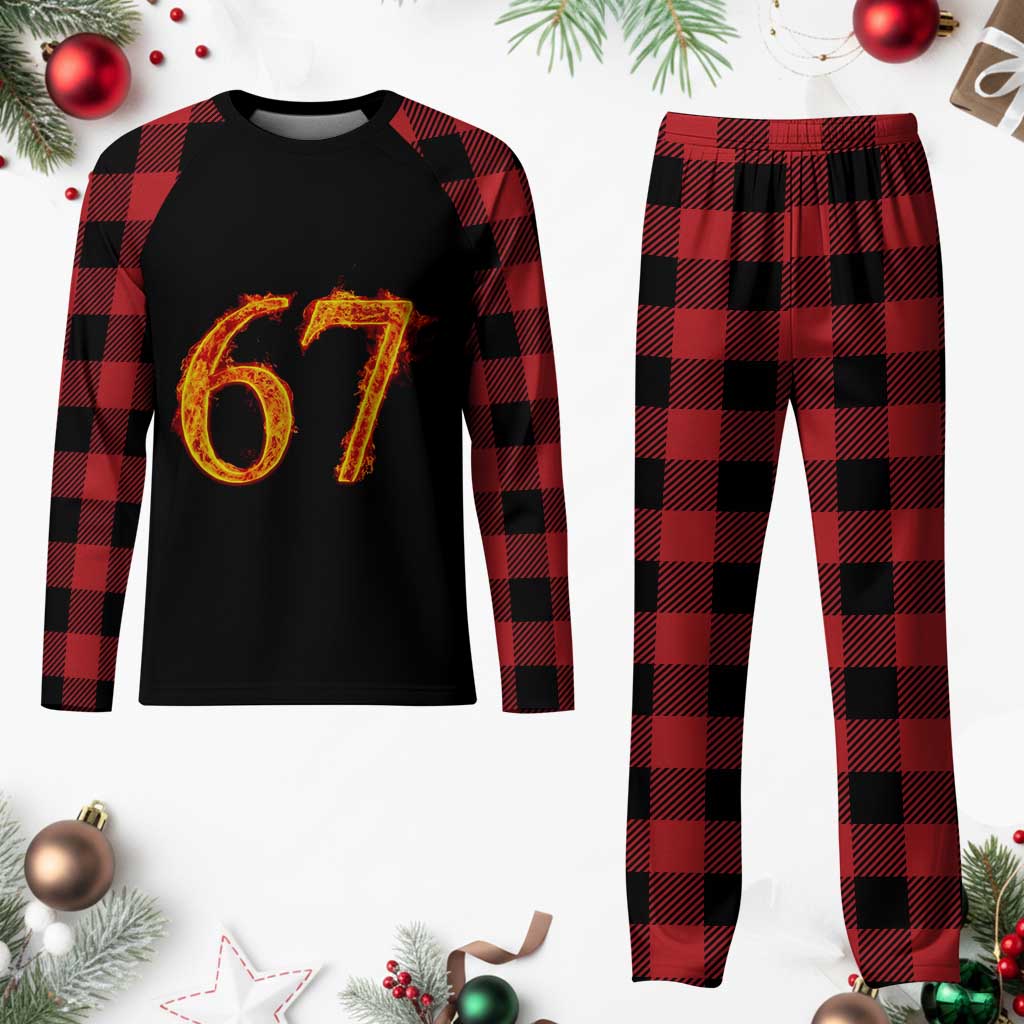 Fire Flame Number 67 Plaid Pajama Set Funny Six Seven Gen Alpha Slang Meme Sports Team Jersey TS10 Buffalo Plaid Print Your Wear