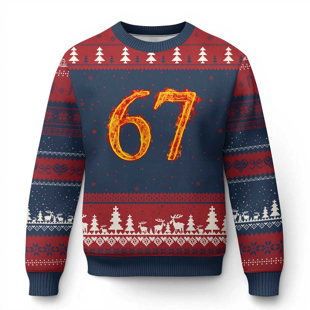 Fire Flame Number 67 Ugly Christmas Sweater Funny Six Seven Gen Alpha Slang Meme Sports Team Jersey TS10 Navy Red Print Your Wear