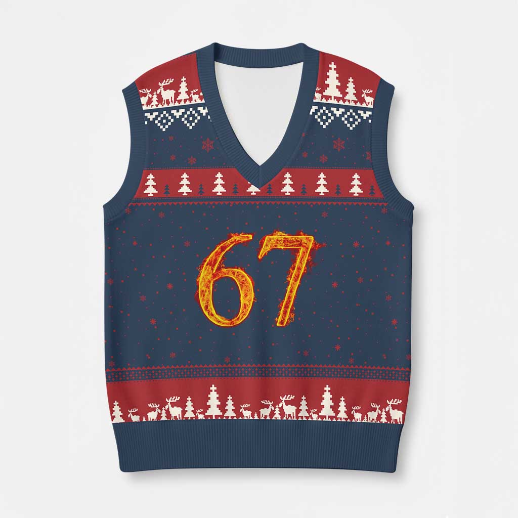Fire Flame Number 67 V-Neck Knit Sweater Vest Funny Six Seven Gen Alpha Slang Meme Sports Team Jersey TS10 Navy Red Print Your Wear