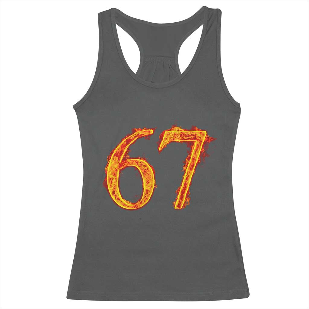 Fire Flame Number 67 Racerback Tank Top Funny Six Seven Gen Alpha Slang Meme Sports Team Jersey TS10 Dark Heather Print Your Wear