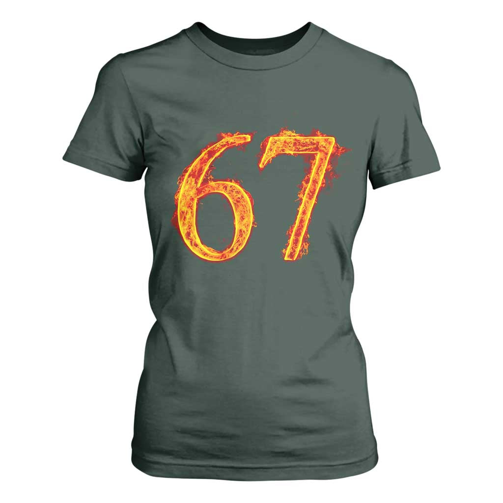Fire Flame Number 67 T Shirt For Women Funny Six Seven Gen Alpha Slang Meme Sports Team Jersey TS10 Dark Forest Green Print Your Wear