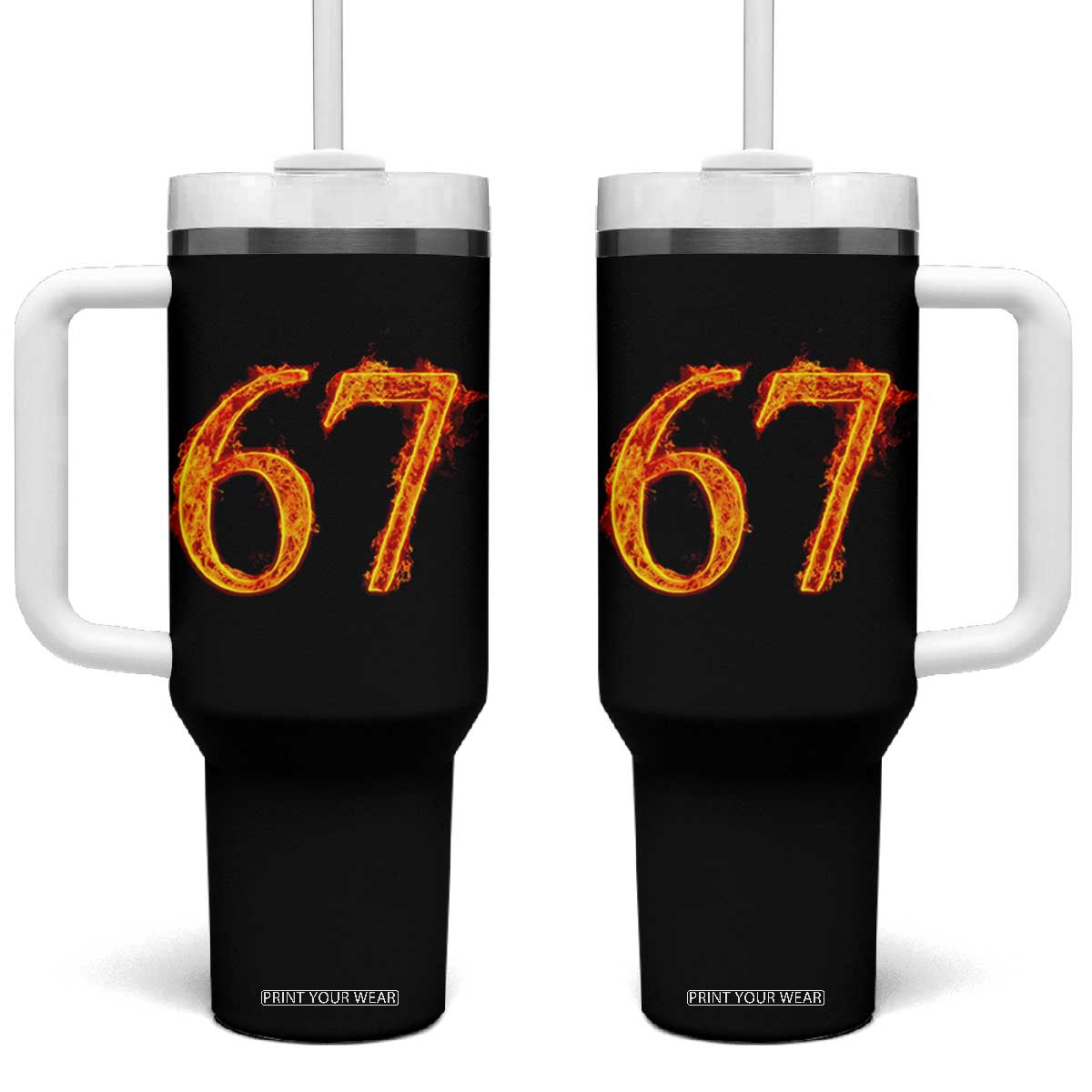 Fire Flame Number 67 Tumbler With Handle Funny Six Seven Gen Alpha Slang Meme Sports Team Jersey - Print Your Wear