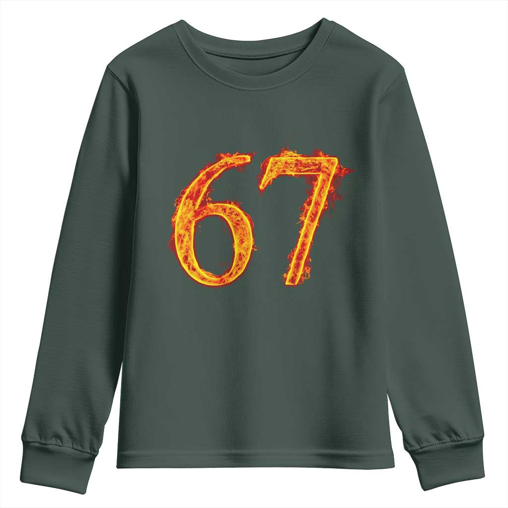 Fire Flame Number 67 Youth Sweatshirt Funny Six Seven Gen Alpha Slang Meme Sports Team Jersey TS10 Dark Forest Green Print Your Wear