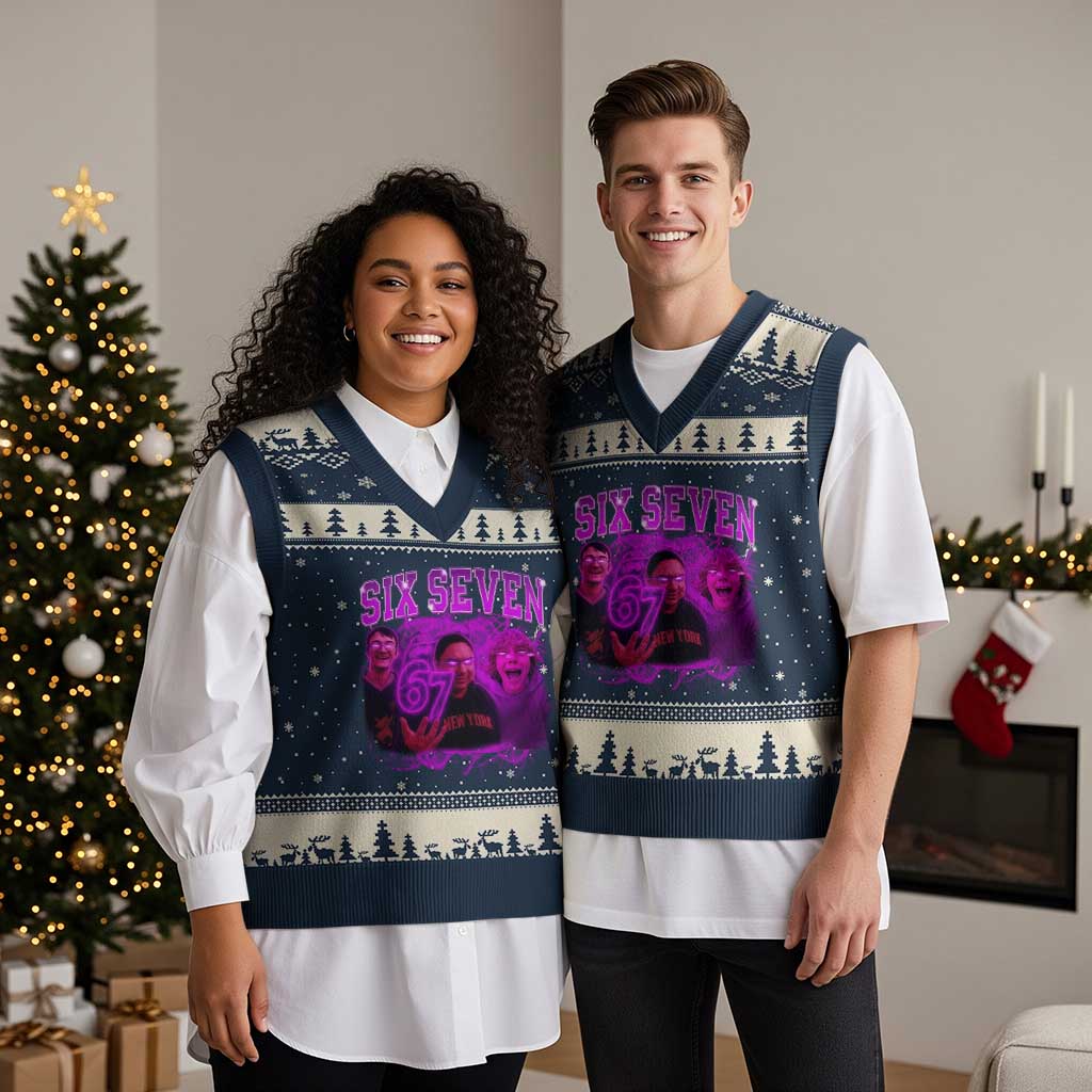 Funny Six Seven 6 7 Meme V-Neck Knit Sweater Vest The Mason 67 Kid Bootleg Gen Alpha Slang TS10 Navy Beige Print Your Wear