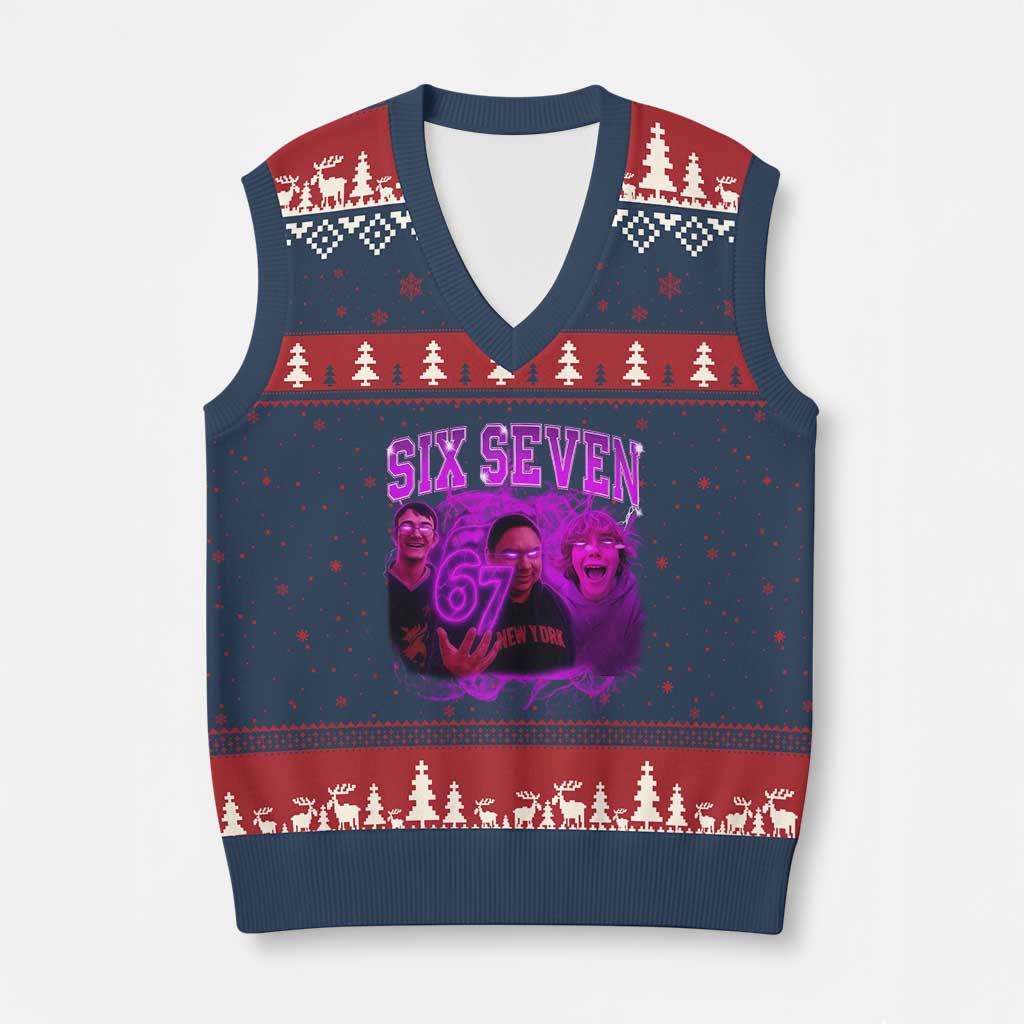 Funny Six Seven 6 7 Meme V-Neck Knit Sweater Vest The Mason 67 Kid Bootleg Gen Alpha Slang TS10 Navy Red Print Your Wear