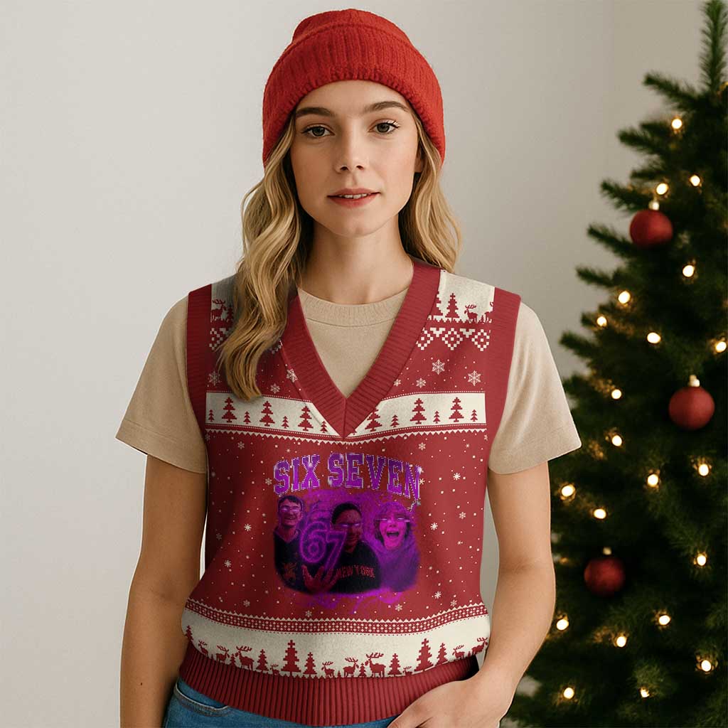 Funny Six Seven 6 7 Meme V-Neck Knit Sweater Vest The Mason 67 Kid Bootleg Gen Alpha Slang TS10 Red Beige Print Your Wear