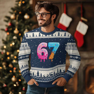 67 Ice Cream Drip Meme Ugly Christmas Sweater Funny Six Seven Gen Alpha Slang TS10 Navy Beige Print Your Wear