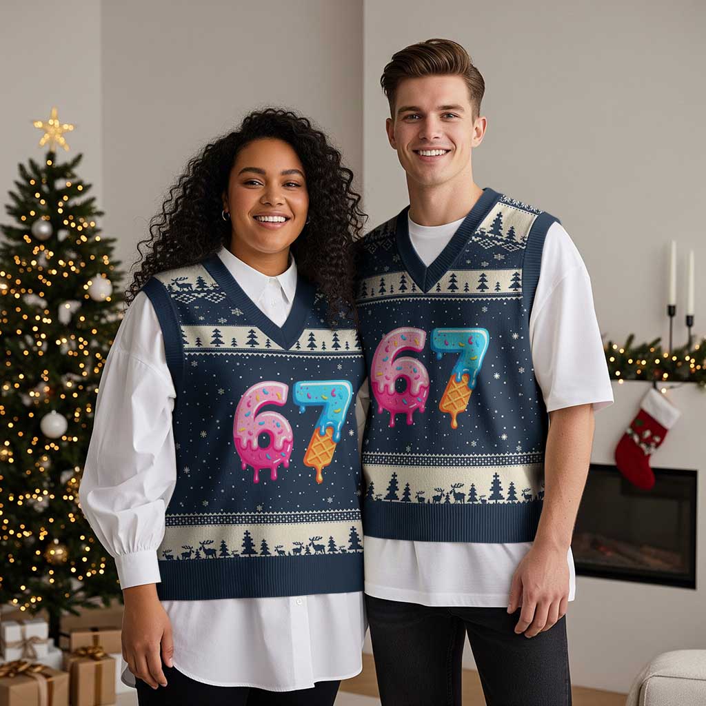 67 Ice Cream Drip Meme V-Neck Knit Sweater Vest Funny Six Seven Gen Alpha Slang TS10 Navy Beige Print Your Wear