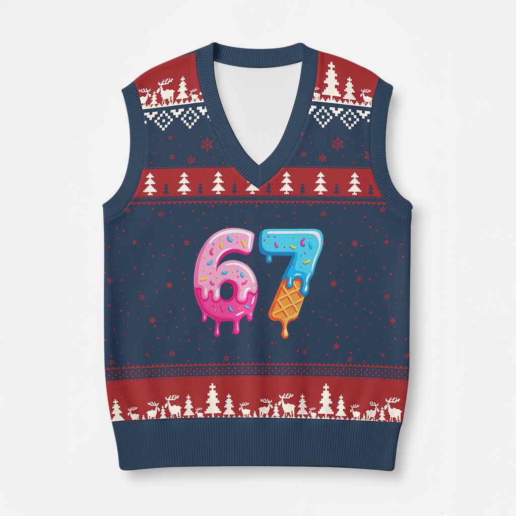 67 Ice Cream Drip Meme V-Neck Knit Sweater Vest Funny Six Seven Gen Alpha Slang TS10 Navy Red Print Your Wear