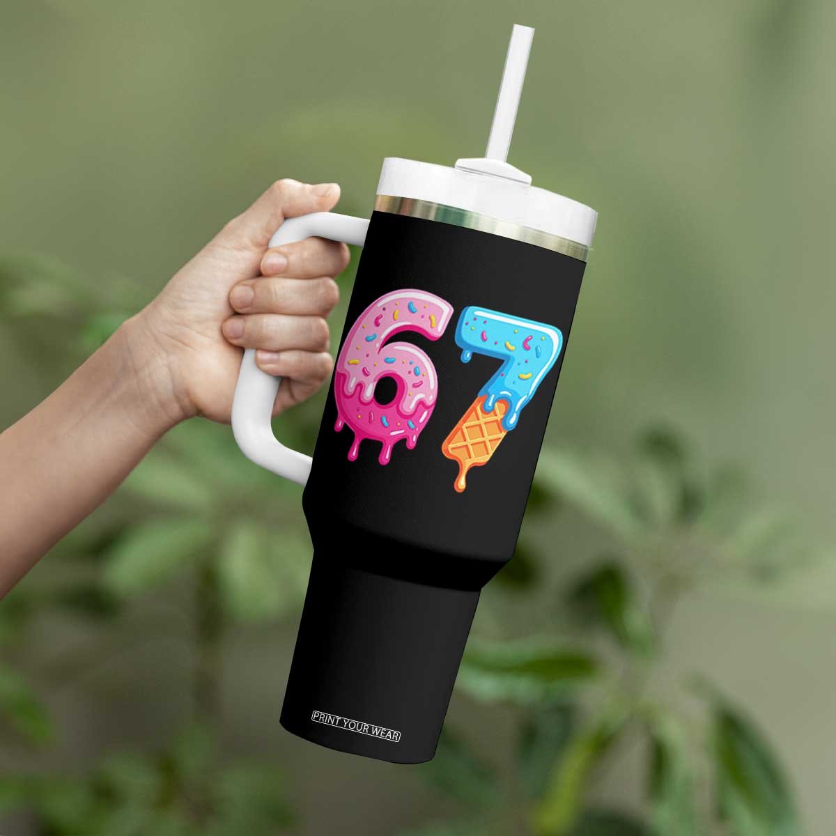 67 Ice Cream Drip Meme Tumbler With Handle Funny Six Seven Gen Alpha Slang TS10 Print Your Wear