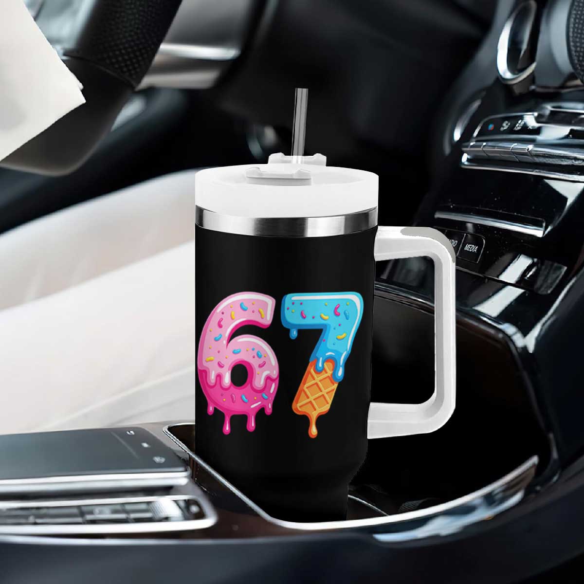 67 Ice Cream Drip Meme Tumbler With Handle Funny Six Seven Gen Alpha Slang TS10 Print Your Wear