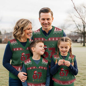 67 Xmas V-Neck Knit Sweater Vest Funny Six Seven 6 7 Meme Gen Alpha Slang TS10 Red Green Print Your Wear