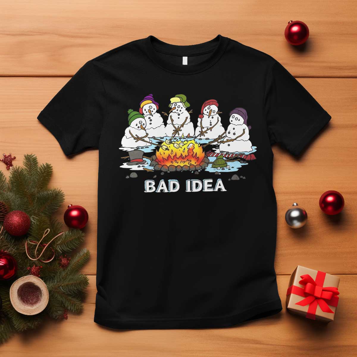 Christmas Snowman Campfire T Shirt Bad Idea Melting Snowman Family Roasting Marshmallows TS10 Black Print Your Wear