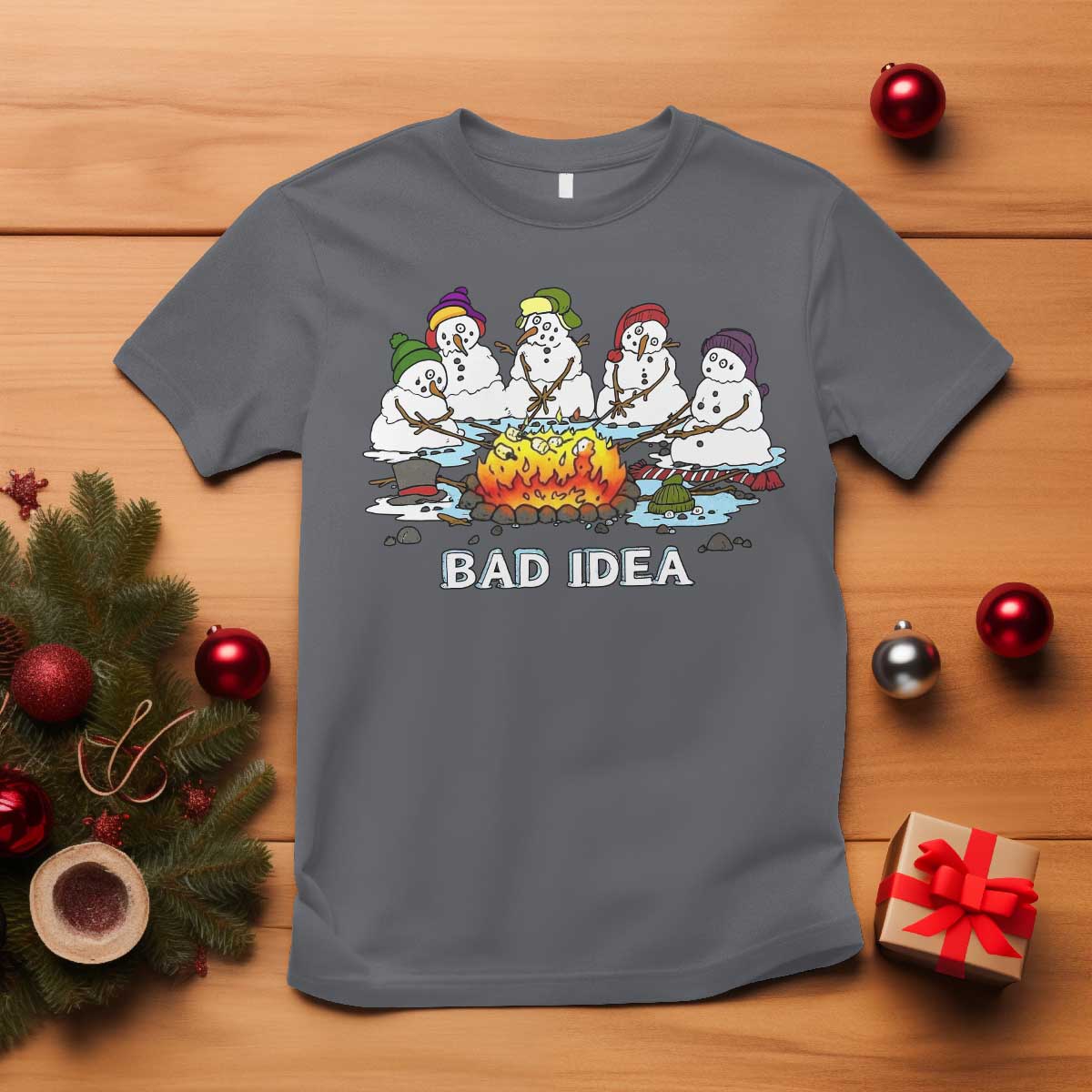 Christmas Snowman Campfire T Shirt Bad Idea Melting Snowman Family Roasting Marshmallows TS10 Charcoal Print Your Wear