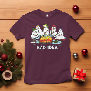 Christmas Snowman Campfire T Shirt Bad Idea Melting Snowman Family Roasting Marshmallows TS10 Maroon Print Your Wear
