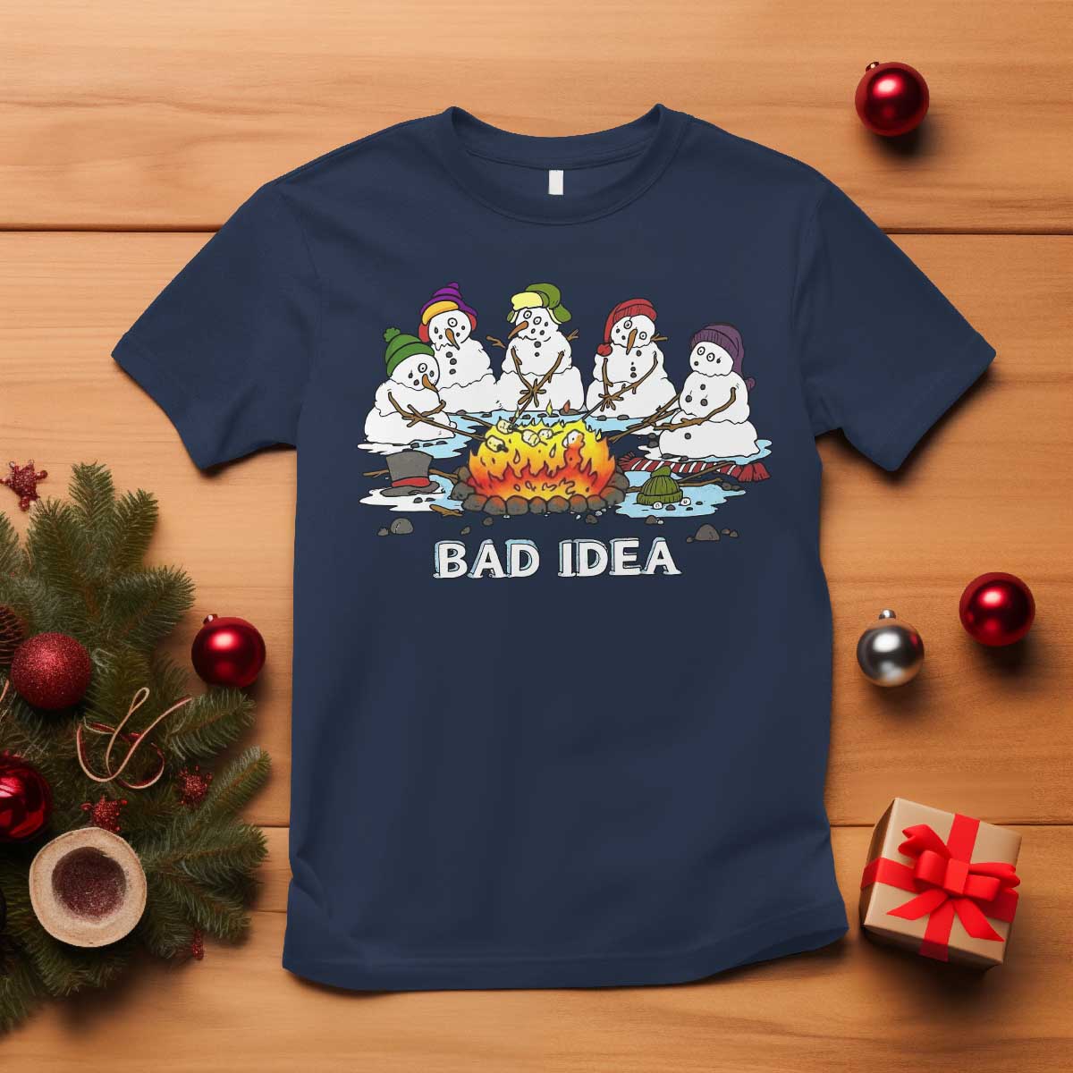 Christmas Snowman Campfire T Shirt Bad Idea Melting Snowman Family Roasting Marshmallows TS10 Navy Print Your Wear