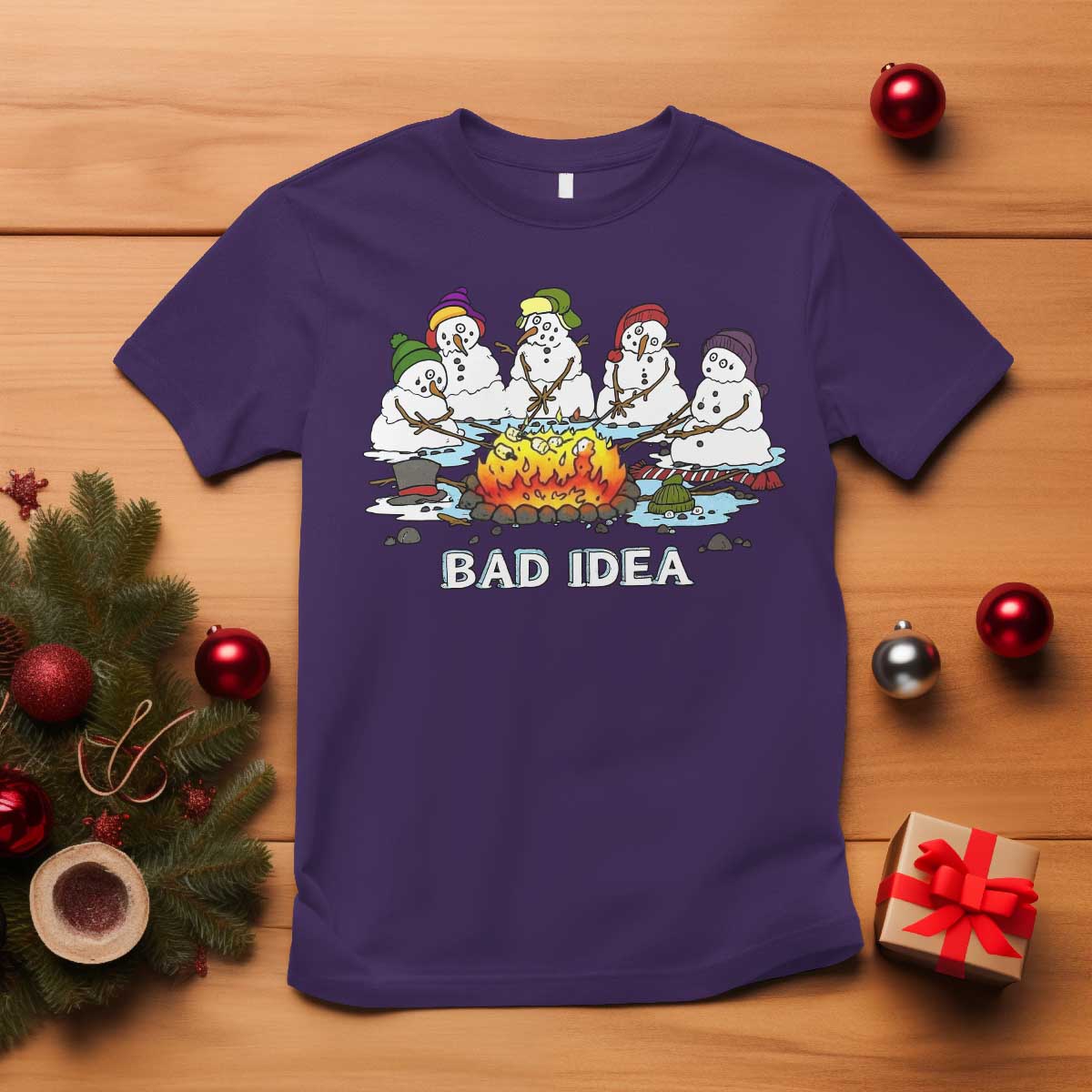Christmas Snowman Campfire T Shirt Bad Idea Melting Snowman Family Roasting Marshmallows TS10 Purple Print Your Wear