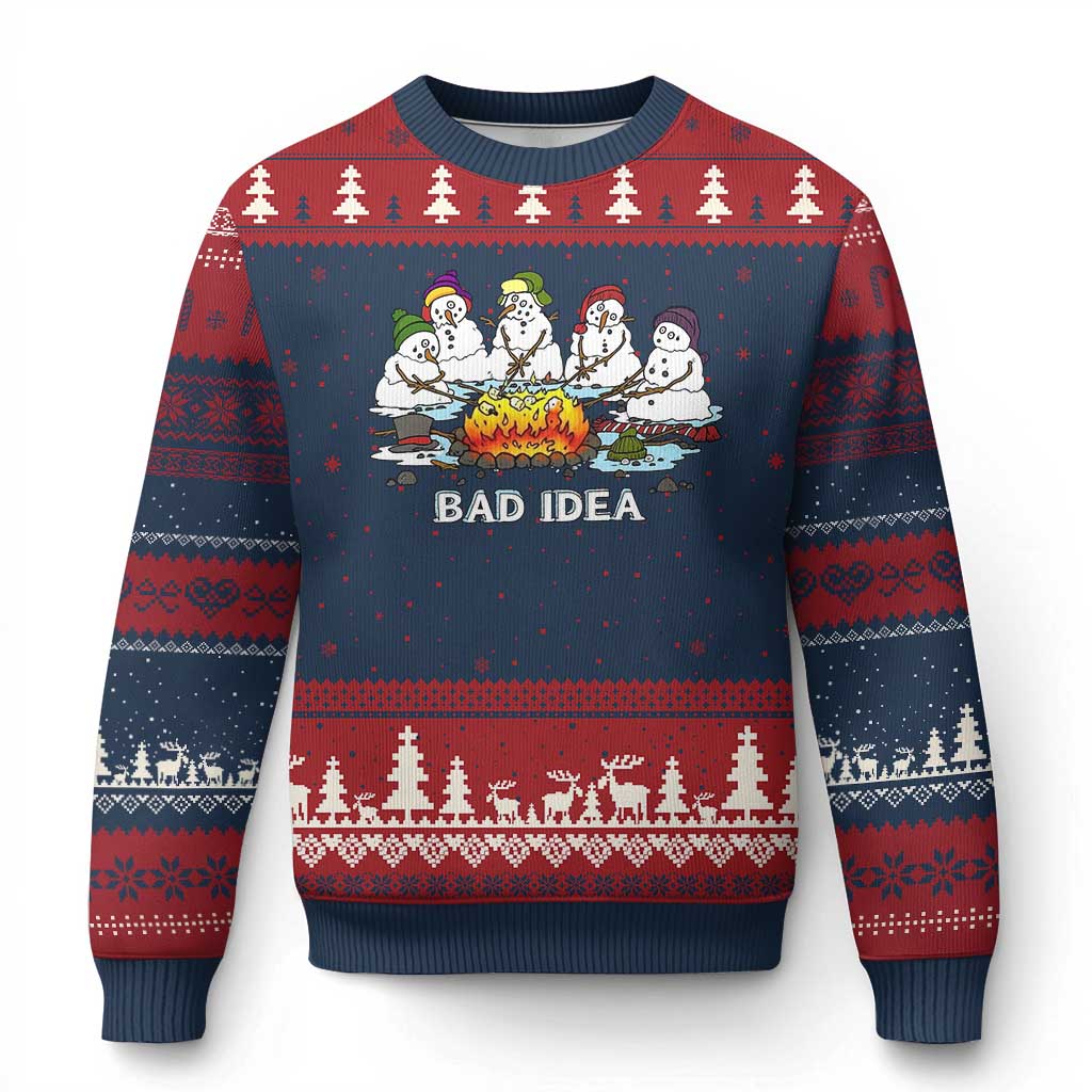 Xmas Snowman Campfire Ugly Christmas Sweater Bad Idea Melting Snowman Family Roasting Marshmallows TS10 Navy Red Print Your Wear
