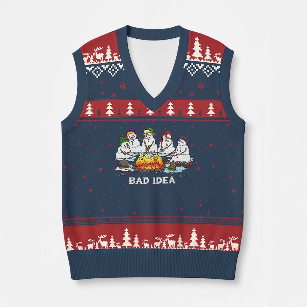 Xmas Snowman Campfire V-Neck Knit Sweater Vest Bad Idea Melting Snowman Family Roasting Marshmallows TS10 Navy Red Print Your Wear