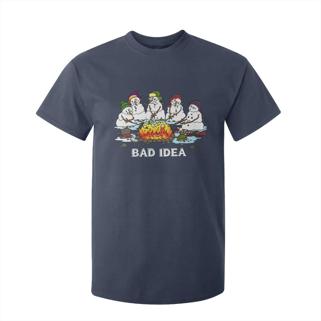 Christmas Snowman Campfire T Shirt For Kid Bad Idea Melting Snowman Family Roasting Marshmallows TS10 Navy Print Your Wear