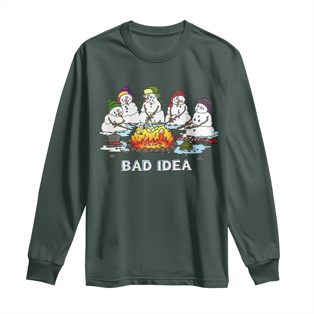 Christmas Snowman Campfire Long Sleeve Shirt Bad Idea Melting Snowman Family Roasting Marshmallows TS10 Dark Forest Green Print Your Wear