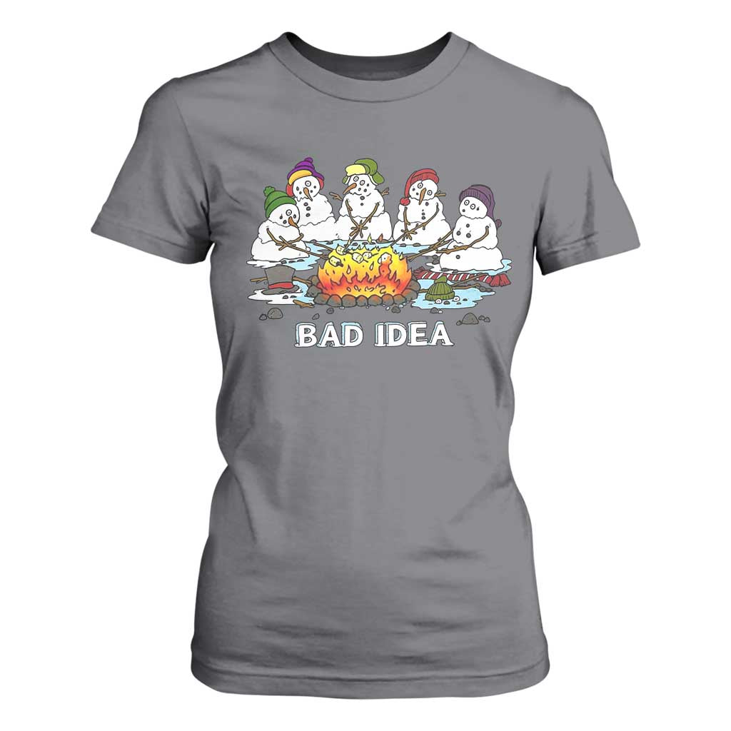Christmas Snowman Campfire T Shirt For Women Bad Idea Melting Snowman Family Roasting Marshmallows TS10 Charcoal Print Your Wear