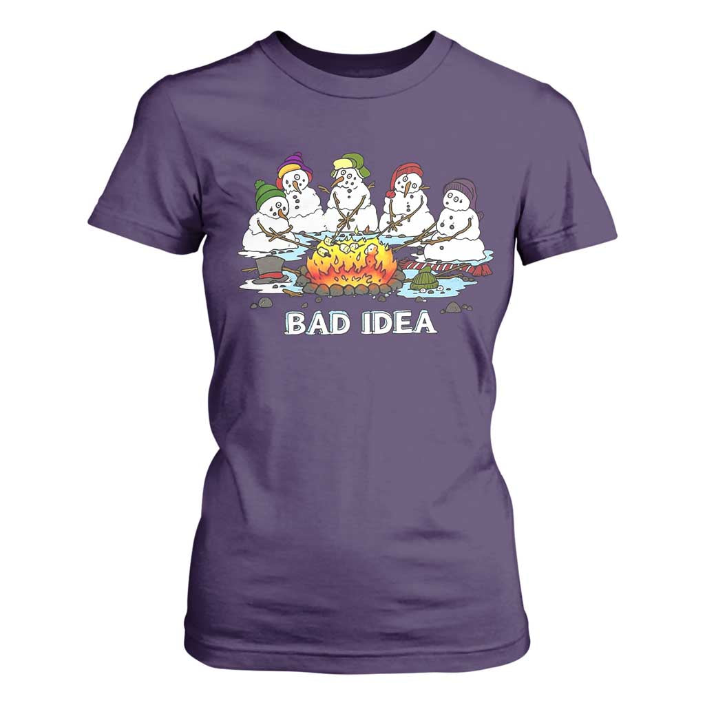 Christmas Snowman Campfire T Shirt For Women Bad Idea Melting Snowman Family Roasting Marshmallows TS10 Purple Print Your Wear