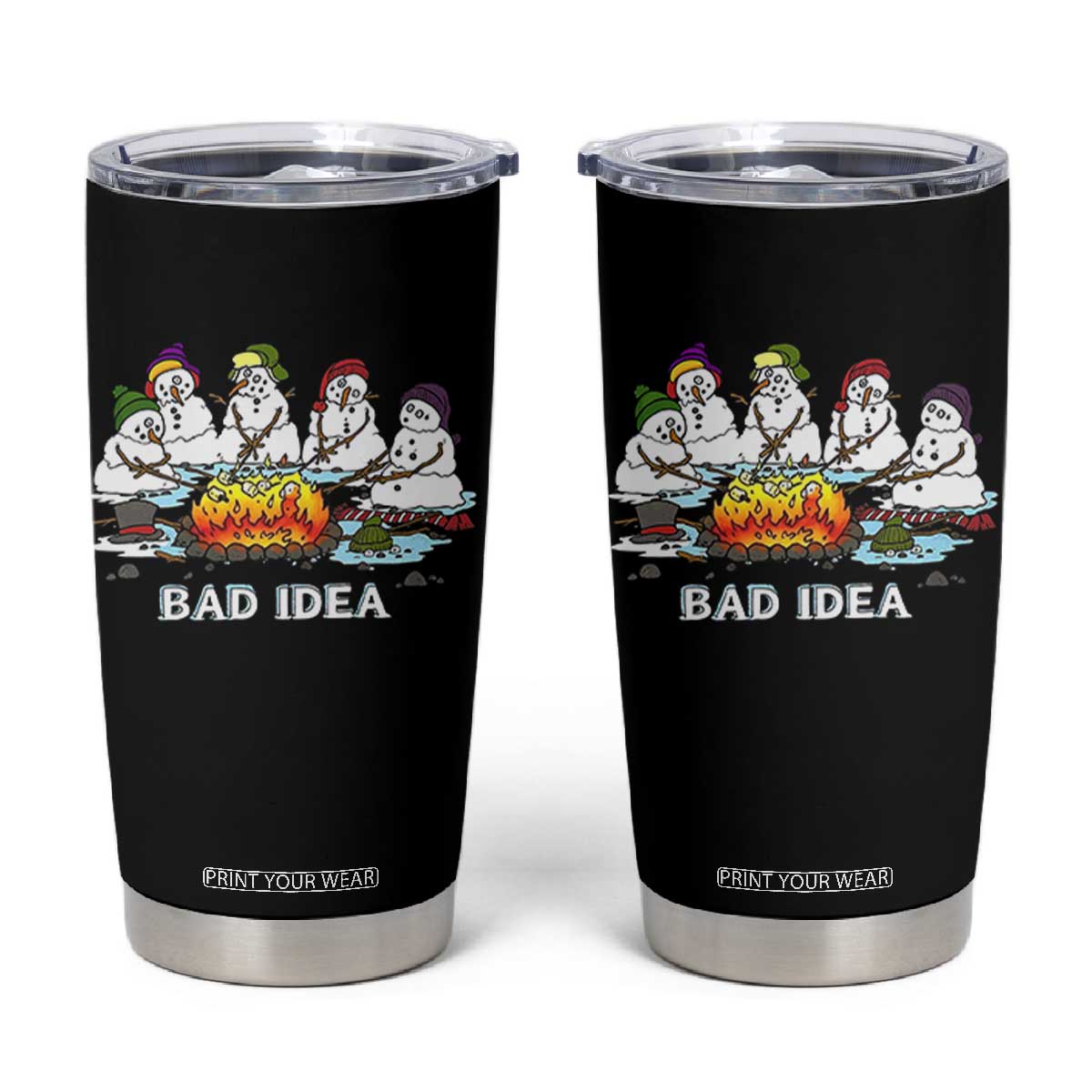 Christmas Snowman Campfire Tumbler Cup Bad Idea Melting Snowman Family Roasting Marshmallows TS10 Black Print Your Wear