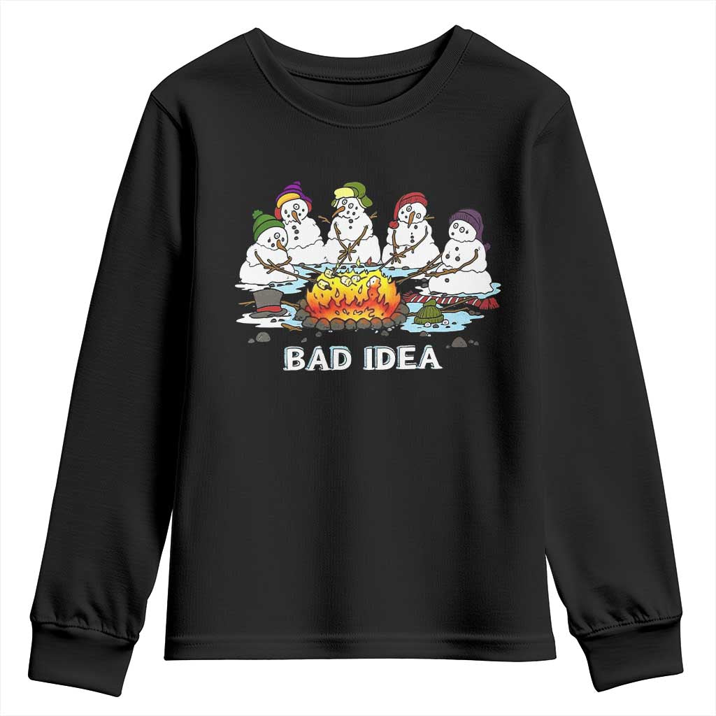 Christmas Snowman Campfire Youth Sweatshirt Bad Idea Melting Snowman Family Roasting Marshmallows TS10 Black Print Your Wear