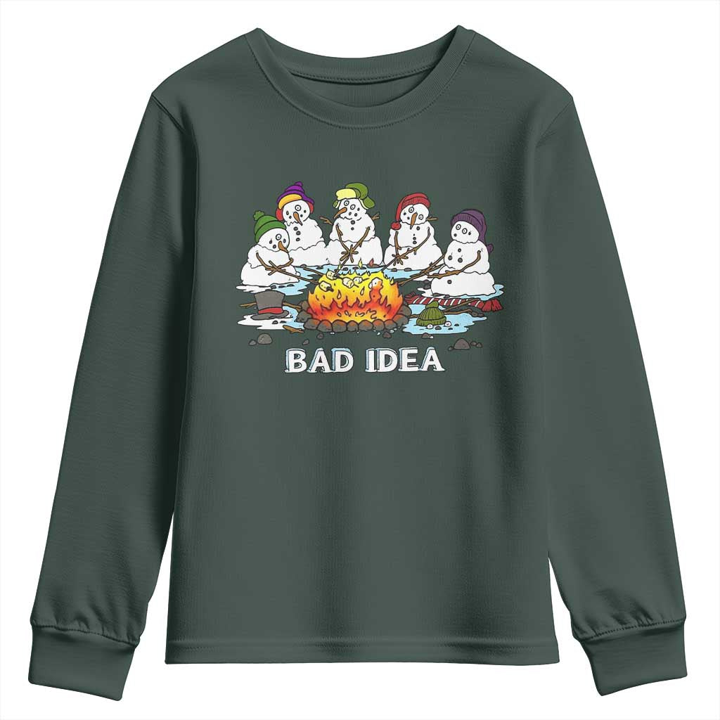 Christmas Snowman Campfire Youth Sweatshirt Bad Idea Melting Snowman Family Roasting Marshmallows TS10 Dark Forest Green Print Your Wear